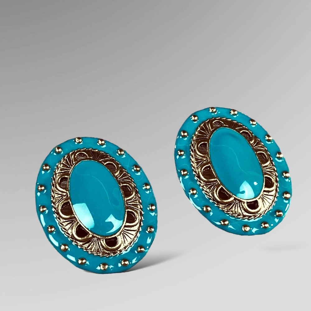 Oval Turquoise Blue Pierced Earrings with Gold Tone Back Unknown Maker